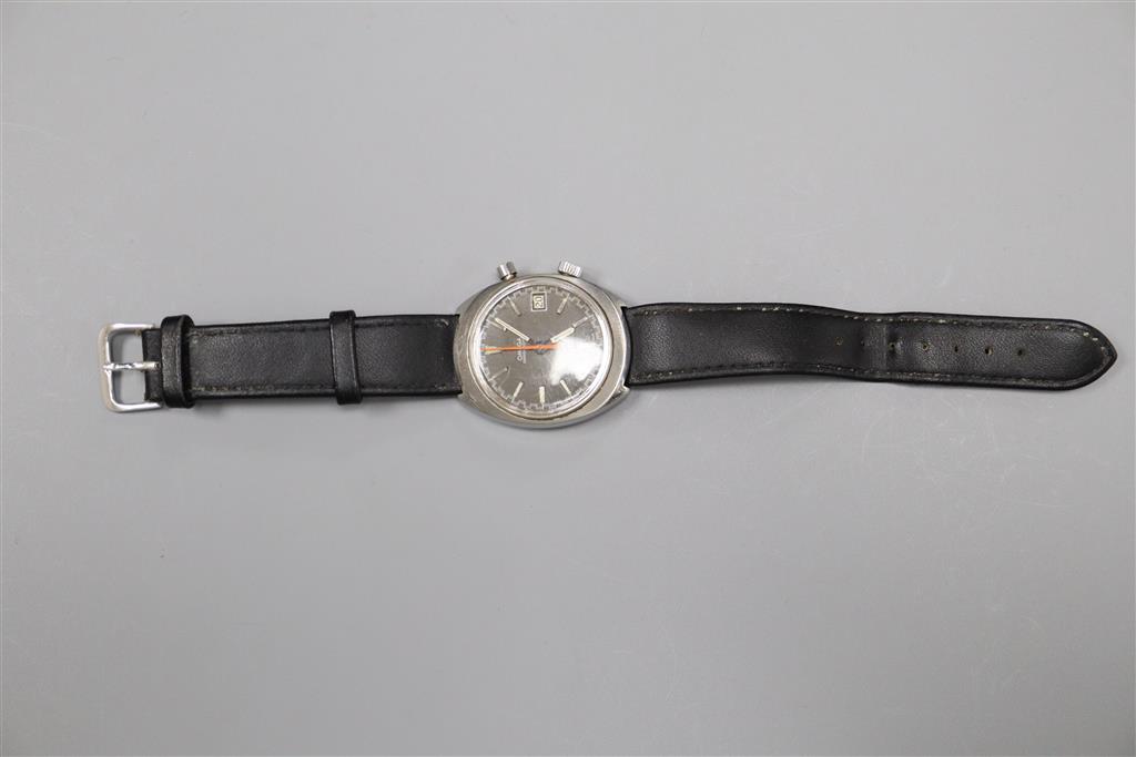 A gentlemans 1970s? stainless steel Omega Chronostop manual wind wrist watch, on a later leather strap,
